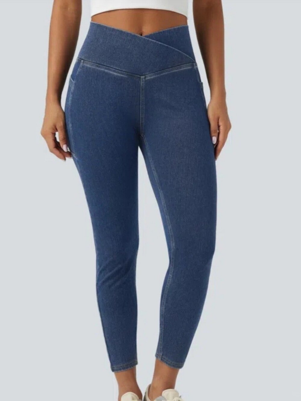 Halara Blue Washed Denim Crossover Waistband Leggings Size Large